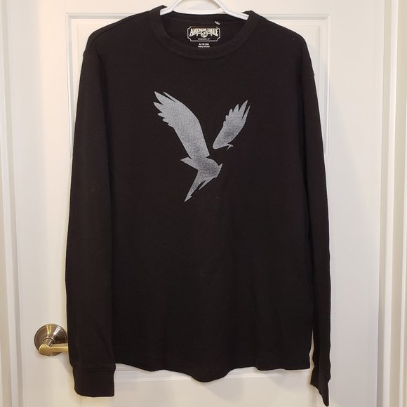 American Eagle Men's Black Grey Eagle Cuffed Long Sleeves Waffle Shirt -Size: XL - Picture 1 of 10